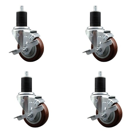 Service Caster 3.5'' Maroon Poly Swivel 1-3/4'' Expanding Stem Caster Set with Brake, 4PK SCC-EX20S3514-PPUB-MRN-TLB-134-4